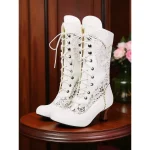 Women's White Victorian Lace-Up Mid-Calf Boots with Chunky Heel - 1900s Vintage Edwardian Style Bridal and Party Footwear - Image 2