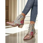 Women's Purple Jacquard Lace-Up Ankle Boots with Floral Embroidery and Low Block Heel - 1920s Vintage Bohemian Style Boots for Ladies, Perfect for Festivals, Gatsby Parties & Casual Fashion - Image 8