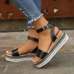 Women's Beige Crocodile - Embossed Espadrille Wedge Sandals, Adjustable Ankle Strap Platform Sandals for Summer Casual - Image 6