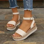 Women's Beige Crocodile - Embossed Espadrille Wedge Sandals, Adjustable Ankle Strap Platform Sandals for Summer Casual - Image 3