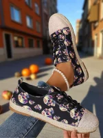Women's Skull Pattern Canvas Espadrilles with Jute Sole - Lace-Up Halloween Sneakers for Gothic Style, Fall Outfits and Daily Comfort