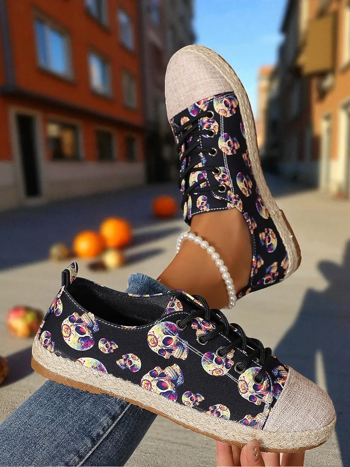 bfixwe1756371148386.webp Women's Skull Pattern Canvas Espadrilles with Jute Sole - Lace-Up Halloween Sneakers for Gothic Style, Fall Outfits and Daily Comfort - Image 1