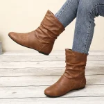 Women's Brown Slouch Mid - Calf Boots, Faux Leather Flat Heel for Versatile Everyday Casual Wear, Comfortable All - Day Style