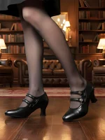 Women's Black 1920s Vintage Heels – Faux Leather Retro Cutout Pumps with Button Detail for Formal Events and Gatsby Party - Image 3