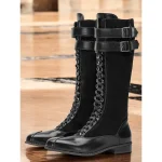 Women's Burgundy Faux Suede and Black Faux Leather Knee-High Lace-Up Boots – Vintage-Inspired Design with Double Buckle Straps, Perfect for Casual and Formal Wear - Image 8