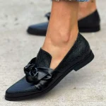 Women's Black Faux Leather Loafers with Bow Detail – Stylish Flat Shoes with Snake Print Texture for Casual and Everyday Wear