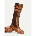 Women's Burgundy Faux Suede and Black Faux Leather Knee-High Lace-Up Boots – Vintage-Inspired Design with Double Buckle Straps, Perfect for Casual and Formal Wear - Image 5