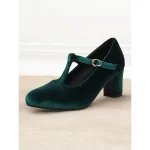 Women's Green Velvet T-Strap Mary Jane Heels with Block Heel – Vintage-Inspired Dress Shoes for Parties and Formal Events - Image 2