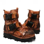 Men's Steampunk Motorcycle Boots with Double Buckle Straps and Rugged Sole, Brown Leather Gothic Footwear for Riding and Cosplay - Image 7