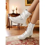 Women's Black Faux Leather Lace-Up Ankle Boots with Double Buckle Straps and Mid-Heel, 1950s Vintage Gothic Style Booties for Cosplay, Parties & Daily Fashion Wear - Image 7