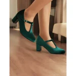 Women's Green Velvet T-Strap Mary Jane Heels with Block Heel – Vintage-Inspired Dress Shoes for Parties and Formal Events - Image 5