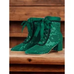 Women's Green Victorian Lace-Up Boots with Floral Lace Overlay and Ribbon Tie – Vintage Style for Special Occasions - Image 5