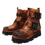 Men's Steampunk Motorcycle Boots with Double Buckle Straps and Rugged Sole, Brown Leather Gothic Footwear for Riding and Cosplay - Image 6