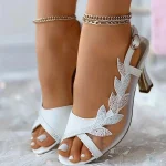 Women's White Mesh Rhinestone Heeled Sandals – Elegant Open-Toe Wedding Shoes with Leaf Design - Image 5