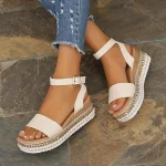 Women's Beige Crocodile - Embossed Espadrille Wedge Sandals, Adjustable Ankle Strap Platform Sandals for Summer Casual
