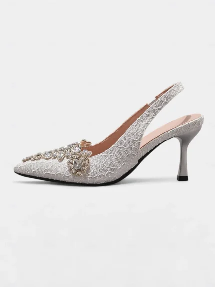 Women's White Lace Slingback Kitten Heels with Rhinestone Embellishments - Vintage-Inspired Cocktail Party Shoes for Bridesmaids, Garden Receptions and Outdoor Celebrations
