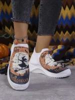 Women's Halloween Witch Print Slip-On Sneakers – Festive and Comfortable Knit Shoes for Casual Wear and Halloween Celebrations