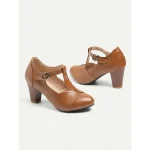 Women's Classic Brown Leather T-Strap Pumps with Chunky Heel, Vintage Office Shoes - Image 6