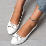 Women's White Pointed-Toe Ballet Flats with Bow and Metal Accent – Elegant Casual Shoes for Work, Parties, and Everyday Wear