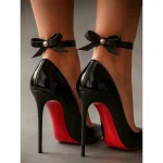 Women's Red and Black Patent Leather Platform Stiletto Mules - Peep Toe Lace Up High Heel Shoes for Nightlife & Christmas Party Outfits - Image 7