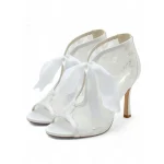 Women's White Lace Peep-Toe Ankle Booties with Satin Ribbon Tie – Elegant High Heel Wedding Shoes for Brides - Image 2