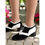 Women's Two-Tone Black and White Oxford Heels with Brogue Detailing – 1950s Vintage Lace-Up Dress Shoes for Daily Wear, Spring Outfits, and Retro-Inspired Looks - Image 2
