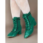Women's Green Victorian Lace-Up Boots with Floral Lace Overlay and Ribbon Tie – Vintage Style for Special Occasions