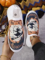 Women's Halloween Witch Print Slip-On Sneakers – Festive and Comfortable Knit Shoes for Casual Wear and Halloween Celebrations - Image 2