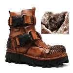 Men's Steampunk Motorcycle Boots with Double Buckle Straps and Rugged Sole, Brown Leather Gothic Footwear for Riding and Cosplay - Image 3