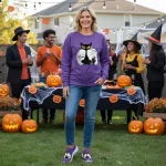 Women's Purple Flyknit Sneakers – Halloween Black Cat Print Lightweight Walking Shoes for Casual Outdoor Wear - Image 4