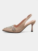 Women's White Lace Slingback Kitten Heels with Rhinestone Embellishments - Vintage-Inspired Cocktail Party Shoes for Bridesmaids, Garden Receptions and Outdoor Celebrations - Image 2