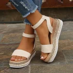 Women's Beige Crocodile - Embossed Espadrille Wedge Sandals, Adjustable Ankle Strap Platform Sandals for Summer Casual - Image 2