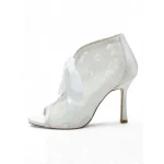 Women's White Lace Peep-Toe Ankle Booties with Satin Ribbon Tie – Elegant High Heel Wedding Shoes for Brides - Image 3