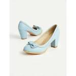 Women's 1950s  Light Blue Bow Heels – Faux Leather Round Toe Pumps with Scalloped Edging for Vintage-Inspired Outfits, Office Wear, and Spring Weddings - Image 7