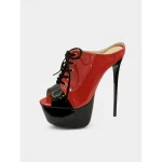 Women's Red and Black Patent Leather Platform Stiletto Mules - Peep Toe Lace Up High Heel Shoes for Nightlife & Christmas Party Outfits - Image 5