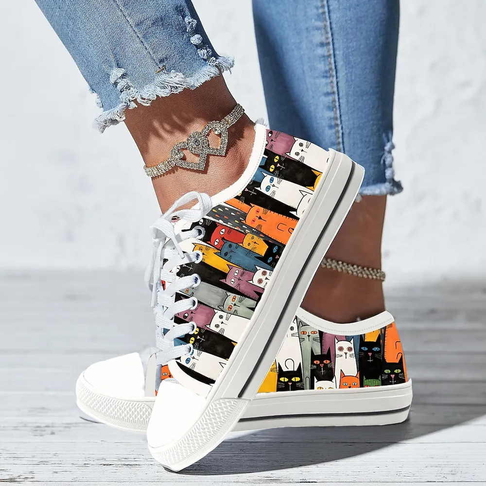jdjere1692260885298.webp Women's Colorful Cat Print Canvas Sneakers – Cute Lace-Up Casual Shoes for Cat Lovers, Daily Wear & Walking - Image 1
