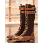 Women's Burgundy Faux Suede and Black Faux Leather Knee-High Lace-Up Boots – Vintage-Inspired Design with Double Buckle Straps, Perfect for Casual and Formal Wear - Image 2