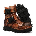 Men's Steampunk Motorcycle Boots with Double Buckle Straps and Rugged Sole, Brown Leather Gothic Footwear for Riding and Cosplay - Image 4