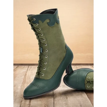 Women's Victorian Vintage Green Lace-Up Boots with Scalloped Trim and Brogue Detailing - Elegant High Heel Shoes for Cosplay, Steampunk, and Retro Outfits