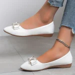 Women's White Pointed-Toe Ballet Flats with Bow and Metal Accent – Elegant Casual Shoes for Work, Parties, and Everyday Wear - Image 3