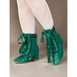 Women's Green Victorian Lace-Up Boots with Floral Lace Overlay and Ribbon Tie – Vintage Style for Special Occasions - Image 3