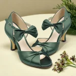 Green Satin Open-Toe High Heel Sandals with Bow Detail for Women - Elegant Wedding or Evening Shoes
