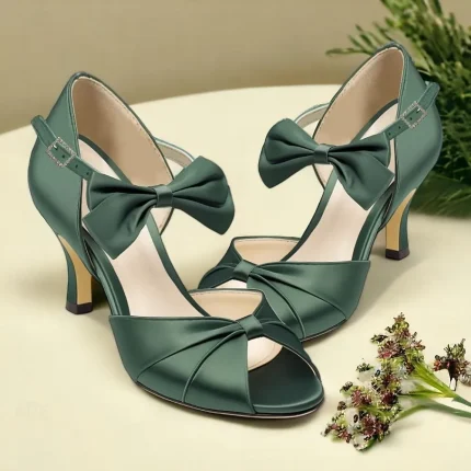 Green Satin Open-Toe High Heel Sandals with Bow Detail for Women - Elegant Wedding or Evening Shoes