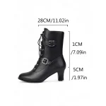 Women's Black Faux Leather Lace-Up Ankle Boots with Double Buckle Straps and Mid-Heel, 1950s Vintage Gothic Style Booties for Cosplay, Parties & Daily Fashion Wear - Image 5
