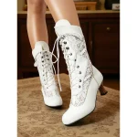 Women's White Victorian Lace-Up Mid-Calf Boots with Chunky Heel - 1900s Vintage Edwardian Style Bridal and Party Footwear - Image 5
