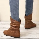 Women's Brown Slouch Mid - Calf Boots, Faux Leather Flat Heel for Versatile Everyday Casual Wear, Comfortable All - Day Style - Image 5