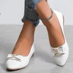 Women's White Pointed-Toe Ballet Flats with Bow and Metal Accent – Elegant Casual Shoes for Work, Parties, and Everyday Wear - Image 2