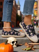 Women's Skull Pattern Canvas Espadrilles with Jute Sole - Lace-Up Halloween Sneakers for Gothic Style, Fall Outfits and Daily Comfort - Image 2