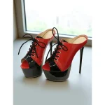 Women's Red and Black Patent Leather Platform Stiletto Mules - Peep Toe Lace Up High Heel Shoes for Nightlife & Christmas Party Outfits