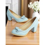 Women's 1950s  Light Blue Bow Heels – Faux Leather Round Toe Pumps with Scalloped Edging for Vintage-Inspired Outfits, Office Wear, and Spring Weddings - Image 2